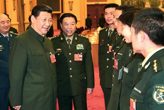 中共中央總書記、中共中央軍委主席習(xí)近平出席十二屆全國人大一次會(huì)議解放軍代表團(tuán)全體會(huì)議并發(fā)表重要講話。