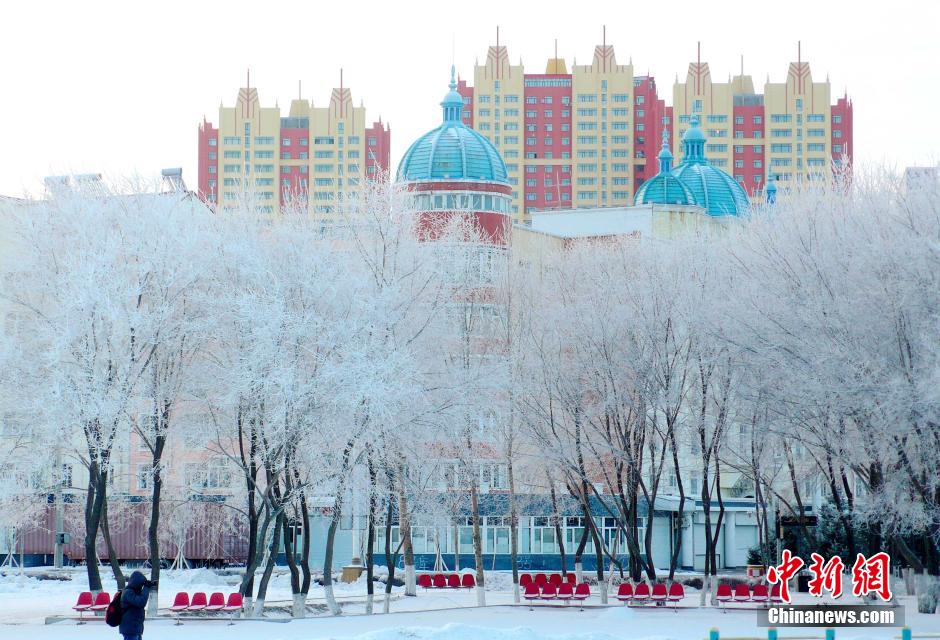 12月10日,受降溫天氣影響,黑河市黑龍江江畔出現(xiàn)綿延數(shù)公里的霧凇景觀。