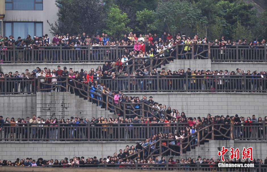 重慶上萬粉絲在南濱路等待《奔跑吧兄弟》節(jié)目的錄制。