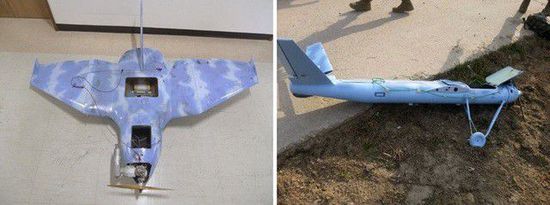 左圖為3月24日在韓國(guó)首爾北部墜毀的無(wú)人機(jī)，右圖為3月31日在韓國(guó)西部海域白翎島墜毀的無(wú)人機(jī)