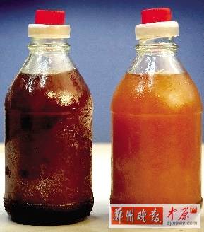 兩種油的顏色差別很大。（左為真）