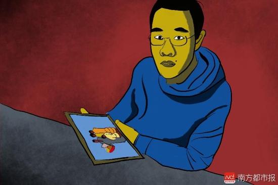 王煥凱看著一家人幸福的合照，黯然神傷，悔不當(dāng)初。（畫作者：吳斌）