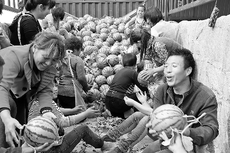 　眼下，內(nèi)黃縣東莊鎮(zhèn)種植的“無公害西瓜”豐收，市場緊俏。圖為5月6日，瓜農(nóng)準(zhǔn)備把外銷的西瓜裝車。劉肖