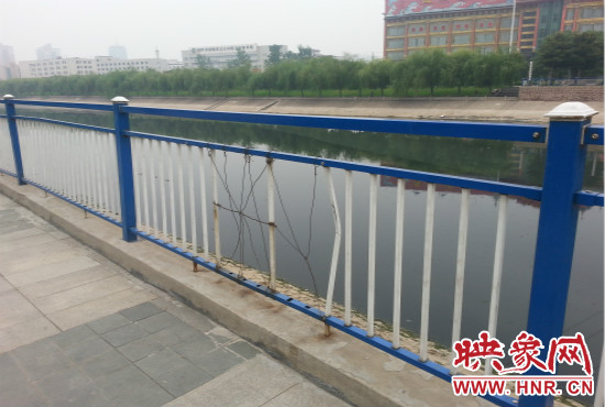 公園內(nèi)多個(gè)護(hù)欄中間的鋼筋條不翼而飛，僅僅是用幾根細(xì)細(xì)鐵絲纏住。