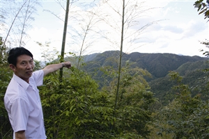 村民吳學(xué)田告訴記者，對(duì)面兩座山就是潘建友承包的部分山場(chǎng) 見(jiàn)習(xí)記者 邱一文 攝