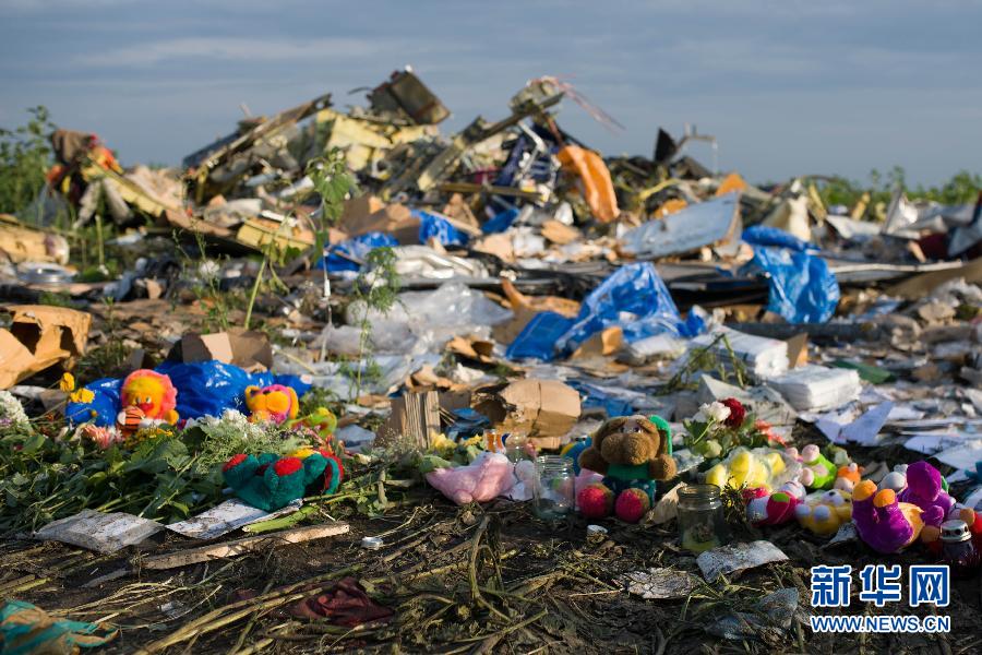 7月19日,在烏克蘭頓涅茨克州拉瑟普諾耶村附近,人們將玩具擺放在馬航MH17航班墜機現(xiàn)場。