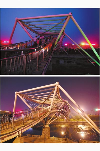 花園路西側(cè)東風渠景觀橋，上圖攝于7月31日晚間，下圖攝于10月9日晚間。