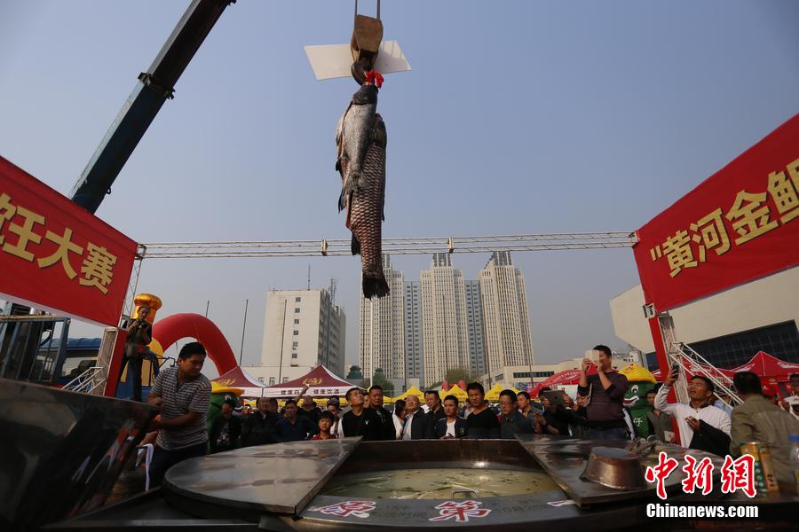 起重機(jī)吊起161.2斤魚王下鍋。 圖片來源：CFP視覺中國