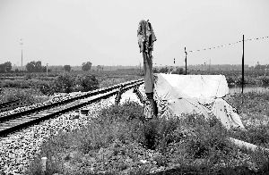 6月30日， 農(nóng)戶用搭建的窩棚和電線桿阻擋了鐵路的施工。新華社發(fā)