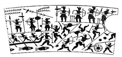 衛(wèi)輝市山彪鎮(zhèn)發(fā)掘出的戰(zhàn)國(guó)水陸攻戰(zhàn)紋銅鑒，上面有古人乘舟水戰(zhàn)的場(chǎng)面。